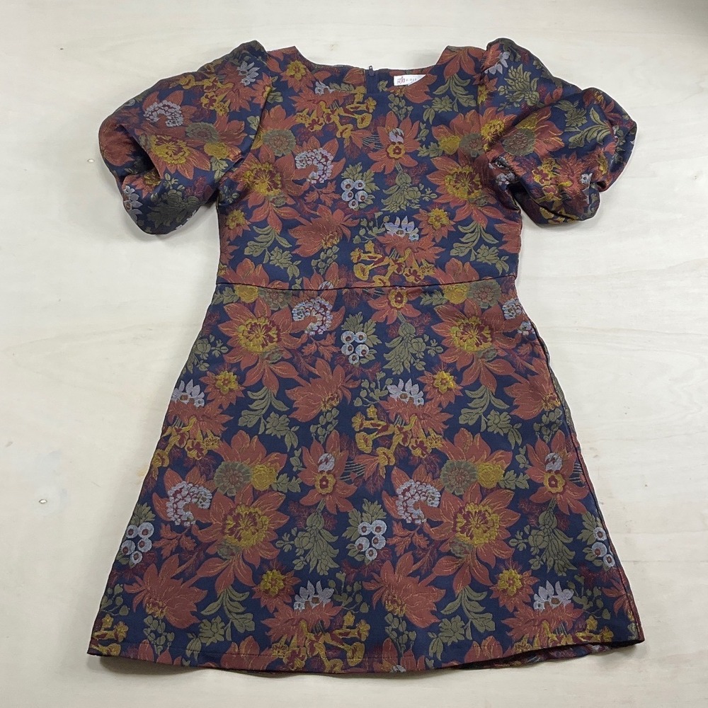 GB Girls Floral Tapestry Dress Metallic Jacquard Puff Sleeve Navy Rust Size 12